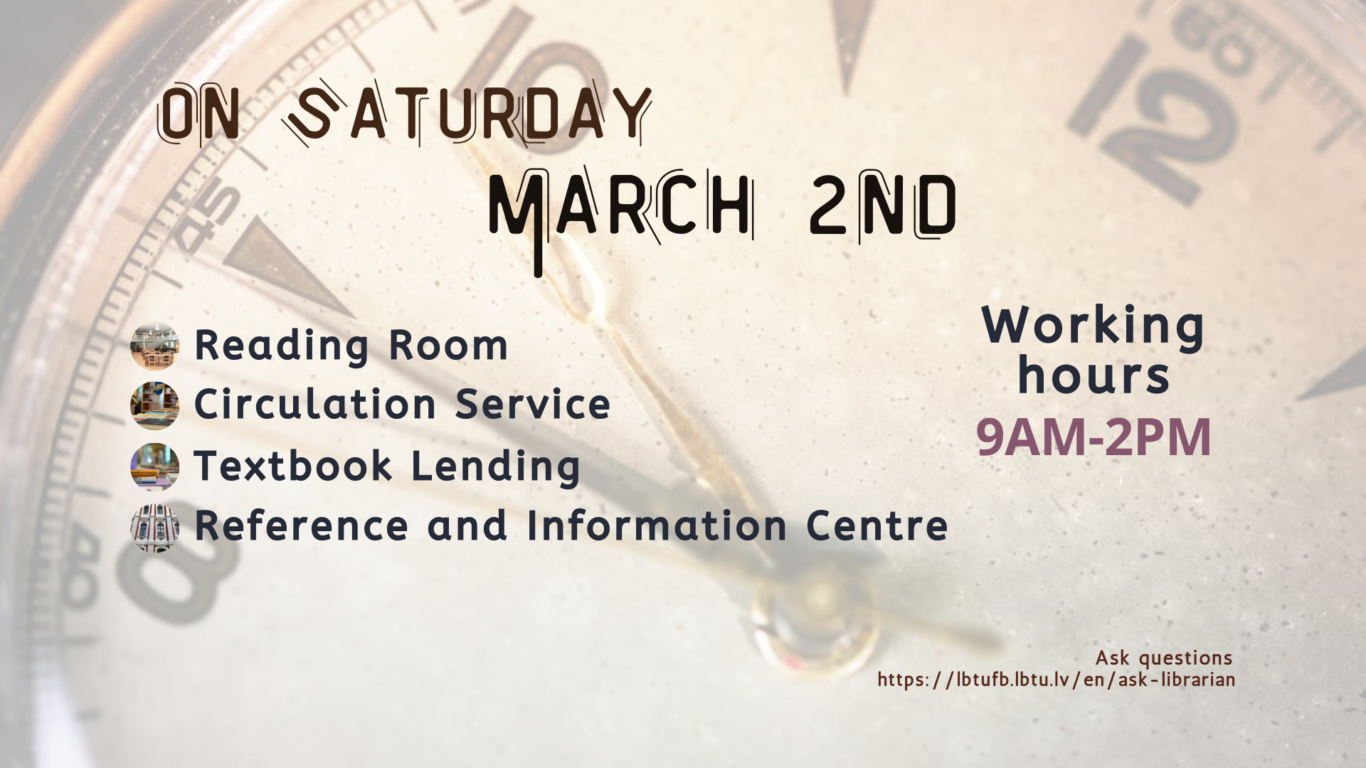 On Saturday, March 2nd, library is open from 9am until 2pm. Look in the PRIMO and find more books, articles and e-books!  You can check out the latest books in the reading room.