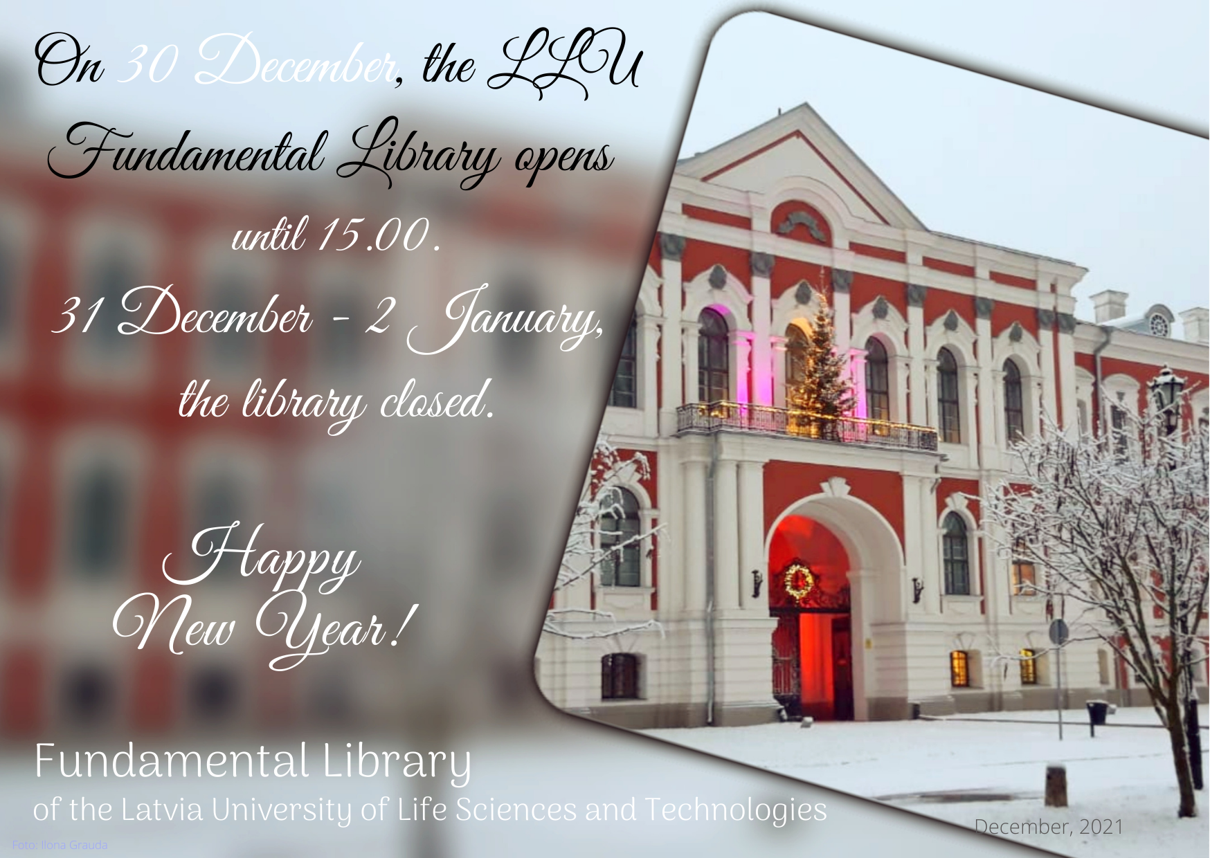 Library on Thursday 30 December working hours 9am-3pm. Happy New Year!