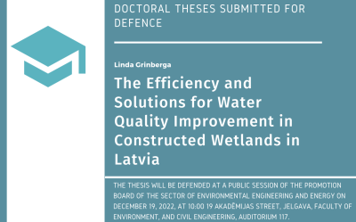 Linda Grinberga.  The Efficiency and Solutions for Water Quality Improvement in Constructed Wetlands in Latvia : Doctoral Thesis for the scientific doctoral degree (Ph. D.) , Jelgava, Latvia, 2022. - 120 lp. DOI: 10.22616/dissertation/2022.011