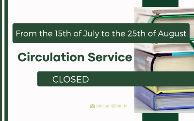 During the student holidays to August 25, the library is open for readers until 17.00. Circulation Service and Textbook Lending are closed.