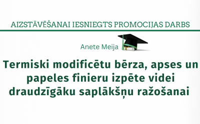 Anete Meija. Termiski modificētu bērza, apses un papeles finieru izpēte videi draudzīgāku saplākšņu ražošanai = Investigation of thermally modified birch, aspen, and poplar veneers for the production of more environmentally friendly plywood : promocijas darbs zinātnes doktora grāda zinātnes doktors (Ph.D.) inženierzinātnēs un tehnoloģijās iegūšanai / Anete Meija; promocijas darba vadītāji: LBTU asoc. prof., vad. pētn. Dr.sc.ing. Uldis Spulle; RTU doc., vad. pētn. Dr.oec. Evija Kopeika; LBTU